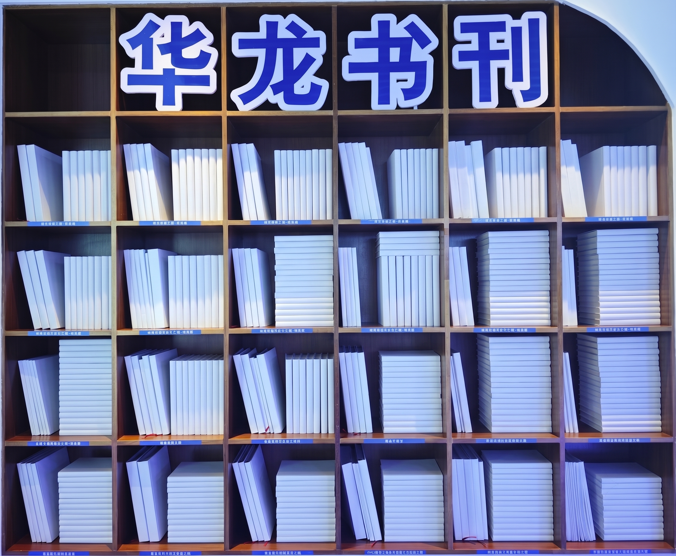在华龙书刊文字下方的每个格子内都塞满书籍，生成的书籍要和图片上… - 图片创意预览