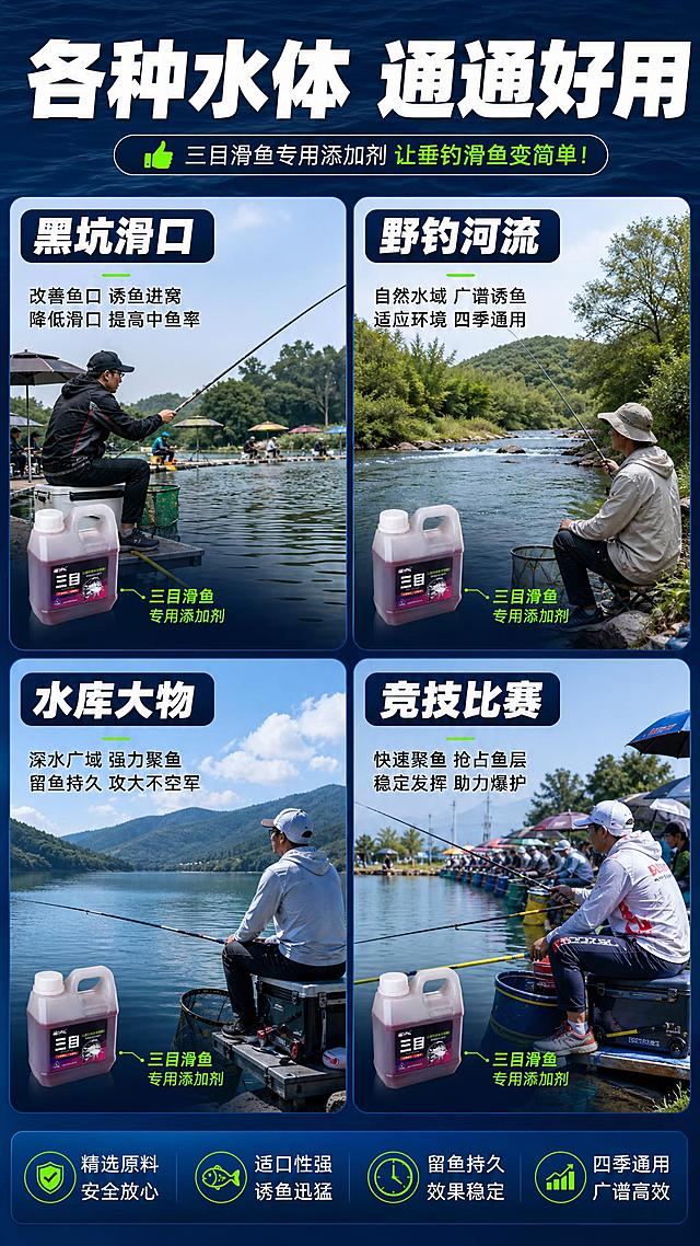 [商品] 使用【图4】三目滑鱼专用添加剂俯视斜角图；保留瓶身造型、液体颜色、标签文字和图案；产品清晰。
[画面] 场景展示型，2×2四宫格拼图，每格一个垂钓场景（黑坑池塘、野钓河流、水库大水面、竞技钓场），每格角落放小尺寸产品图，深蓝色边框分隔，阅读动线从左上到右下。
[视觉] 套系策略：风格=拼多多接地气专业垂钓风；标题字=粗黑黑体大字报；正文字=清晰黑体；主色=深海蓝；背景延展=基于深海蓝做深浅渐变、同色层级和水面纹理质感；强调色=荧光绿，仅用于小面积图标、引线和重点标签；标题色=纯白；正文色=浅灰白；组件=粗边框信息条、胶囊标签、箭头引线；光影=正面柔光+右侧轮廓光，产品立体感强。
[文字] 顶部通栏大标题"各种水体 通通好用"，每格场景配短标签："黑坑滑口"、"野钓河流"、"水库大物"、"竞技比赛"，文字横排清晰。
[规格] 图片比例9:16竖版，4K，避免变形、错字、文字过小、冷灰背景、产品颜色改变。
