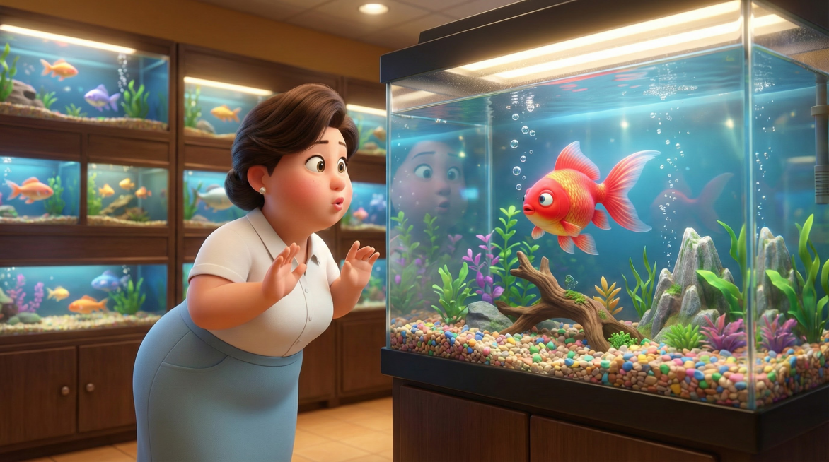 (迪士尼3D动画风格, 皮克斯风格, 高品质3D渲染, 柔和漫射光影, 明亮温暖色调) 宠物店内部光影迷人、水族箱林立的观赏鱼区。

**人物动作与表情 (Action & Expression):*预览效果