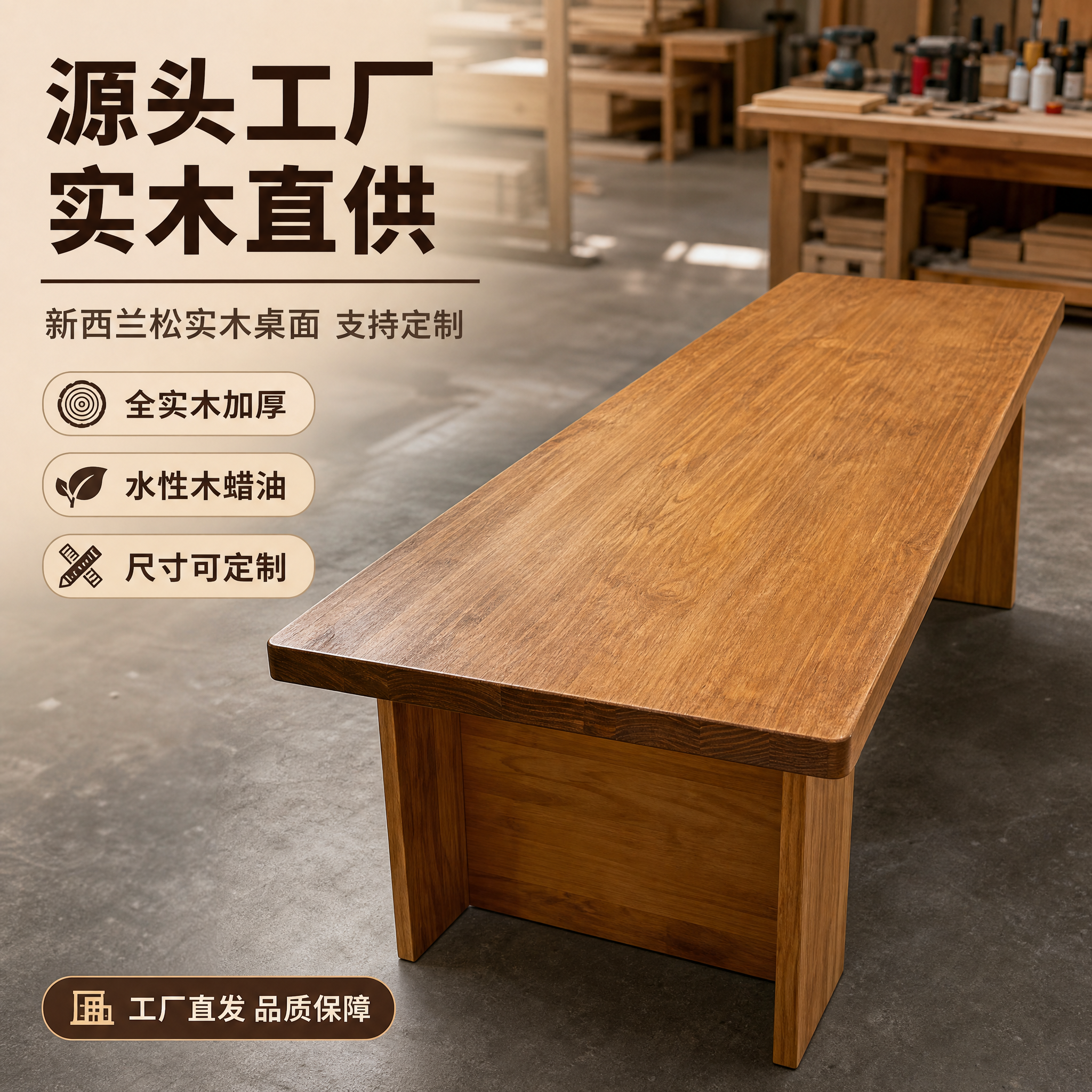 [主图-1] 源头工厂直供首图，展示新西兰松实木桌面成品在工厂… - 图片创意预览
