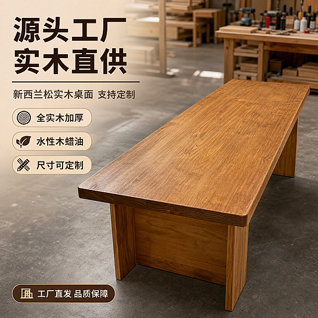 [主图-1] 源头工厂直供首图，展示新西兰松实木桌面成品在工厂车间的真实状态，突出源头工厂直供的性价比与真实感。
[统一基调] 风格=工厂实拍真实感+原木自然风；背景主色=车间深灰地面+原木色板材；标题字色=深棕黑；辅助字色=中暖灰；强调色=深胡桃色；字体=思源黑体粗体/常规体；组件=圆角浅木色信息卡、细木色引线、胶囊形卖点框；光源=侧前暖柔光，突出板材厚度与木纹质感。
[画面] 使用【图1】新西兰松实木桌面（深木色涂装款，工厂实拍），保留深棕色木蜡油涂装、松木纹理、加厚板材、长方形结构；产品位于画面中心，占画面约70%，45°俯视角度展示完整桌面与厚度；背景为整洁的木工车间环境（虚化处理，保留木架、工具等工厂元素），体现源头工厂真实感；桌面木纹清晰，涂装温润有光泽。
[光影质感] 侧前暖柔光，突出桌面木纹肌理与边缘厚度，阴影柔和自然，产品落地稳实无悬浮。
[配色] 主色深原木棕，背景深灰车间地面+木色工具架，强调色深胡桃色用于文字与图标；整体暖调真实。
[文字版式] 左上角主标题"源头工厂 实木直供"，副标题"新西兰松实木桌面 支持定制"，下方3个胶囊形卖点"全实木加厚""水性木蜡油""尺寸可定制"，底部角标"工厂直发 品质保障"；文字左对齐，不遮挡桌面主体。
[输出要求] 1:1正方形（800×800），2K分辨率，文字清晰可读，产品完整不切割；负向：变形、错字、文字过小、冷蓝背景、木纹失真、悬浮、平台Logo水印、绝对化用语。