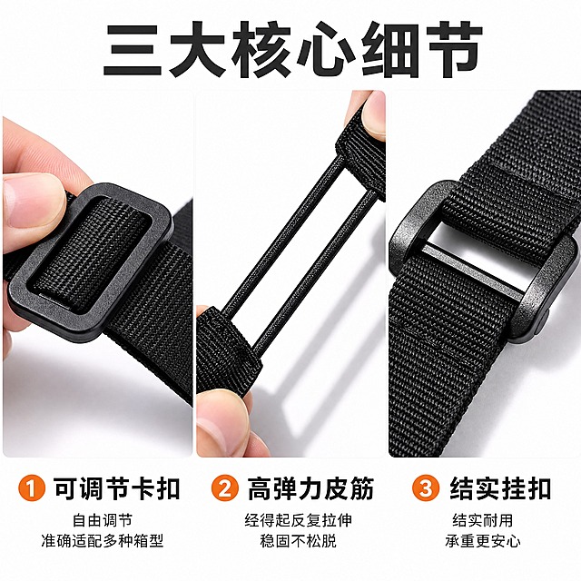 [主图-3] 核心细节拆解 三格分镜特写 卡扣 皮筋 挂扣
[统一基调] 出行旅行风 机场街拍感 干净专业电商展示风 明亮通透浅色背景 黑色织带+金属卡扣突出质感 拼多多风格大字直白 标题粗黑大字醒目 辅助文字缩小 整体清爽高级
[画面] 三格横向分镜构图 白色干净背景 每格一个细节特写 格①左侧 可调节卡扣微距特写 黑色塑料日字卡扣穿在黑色织带上 一只手捏住卡扣正在滑动调节 展示可调节功能 卡扣表面有细腻磨砂质感 织带纹理清晰 格②中间 高弹力皮筋特写 黑色弹力皮筋被向两侧拉伸 呈现紧绷拉长状态 皮筋与织带连接处缝线工整 展示回弹有力 格③右侧 金属挂扣/合金卡扣锁紧织带状态特写 卡扣紧紧咬合织带 展示结实耐用 三个特写角度不同 各有侧重 产品均为黑色织带+黑色卡扣+黑色弹力皮筋 结构与参考图一致
[光影质感] 高清微距摄影质感 柔和侧光突出材质纹理 卡扣有高光 织带纤维清晰 皮筋拉伸状态有张力感 底部有柔和投影
[配色] 背景纯白色 产品黑色为主 标题字深灰色 每格标注用橙色强调色
[文字版式] 顶部居中大标题"三大核心细节" 格①下方标注"可调节卡扣 自由调节 准确适配多种箱型" 格②下方标注"高弹力皮筋 经得起反复拉伸 稳固不松脱" 格③下方标注"结实挂扣 结实耐用 承重更安心" 每格有小圆圈编号①②③
[输出要求] 1:1正方形 2048px 文字清晰可读 产品清晰不变形 禁止错字 禁止手指畸形 禁止杂乱 禁止水印 禁止平台Logo