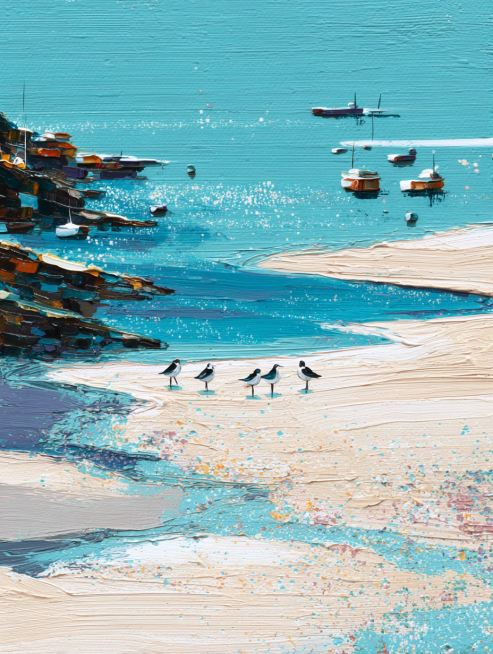 现代美学，极简主义，色彩颗粒，丙烯画、布面油画，颜料厚涂，色粉画，扁平化，光影艺术，插画、绘本插图、风景、自然主题、肌理触感等，复杂的细节，细致的描绘，肌理纸制作与画面特殊效果的把控是作品的灵魂，画面预览效果