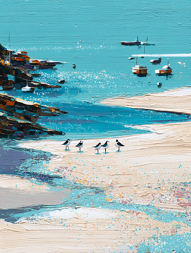 现代美学，极简主义，色彩颗粒，丙烯画、布面油画，颜料厚涂，色粉画，扁平化，光影艺术，插画、绘本插图、风景、自然主题、肌理触感等，复杂的细节，细致的描绘，肌理纸制作与画面特殊效果的把控是作品的灵魂，画面细腻耐人寻味、如肌理纸上的二次创作，如画、划等手法、特定色彩与肌理效果，画我所熟悉的海滩、几只鹬鸟、波光粼粼的海面上的船只和美丽的风景等主题。她每天都在进行绘画实验，在形状、颜色和线条上变得更加自由和具有实验性。