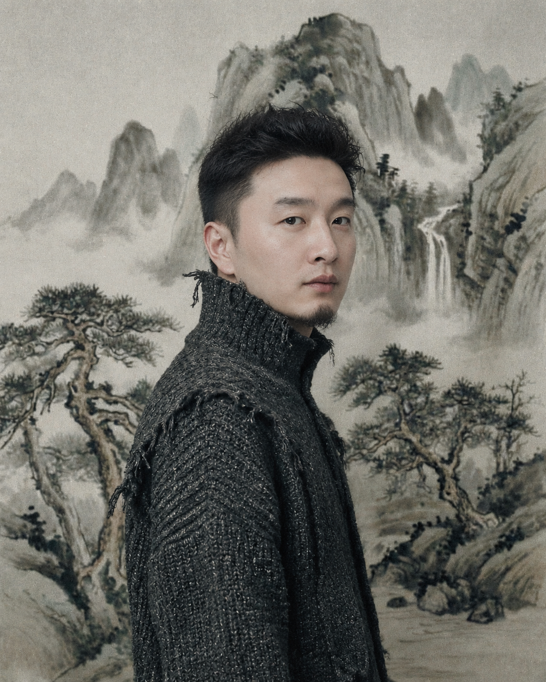 参考第一张图的构图、服装、姿势和中国水墨山水背景风格，将人物替… - 图片创意预览