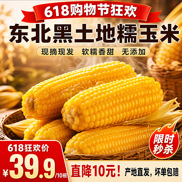 [单张主图] 东北黑土地糯玉米618促销爆款主图，主打食欲感和促销转化。
[画面主体] 实拍蒸熟的东北糯玉米放在画面中心，颗粒饱满、色泽金黄，带着轻微热气增强食欲，糯玉米主体占画面约60%，背景虚化突出主体，整体保持食物新鲜诱人的质感。
[构图版式] 荣誉价格堆叠型，顶部活动通栏，产品居中展示，底部高饱和价格通栏，角落加促销小标签。
[场景元素] 背景虚化的暖色调产地氛围，玉米颗粒清晰可见，淡淡的热气缭绕，整个画面突出食欲感。右下角添加618专属促销小标。
[文案版式] 顶部红色飘带文字："618购物节狂欢"；飘带下方大字产品名称："东北黑土地糯玉米"；再往下核心卖点："现摘现发 软糯香甜 无添加"；促销价格："618狂欢价 ¥39.9/10根"；最下方活动标语："直降10元！产地直发，坏单包赔"；右下角小标文字："限时秒杀"。所有文字清晰可读，与背景对比强烈，不遮挡玉米主体，层级分明：飘带文字最大，产品名称次之，价格醒目，标语和卖点清晰。
[光影质感] 自然暖阳逆光，突出玉米金黄通透的色泽，暖光打在颗粒上产生高光，浅景深虚化背景，热气增加动态朦胧感，整体商业摄影质感，清晰真实，通透诱人。
[配色字体] 主色玉米金黄，辅助色红色促销色，搭配暖米色背景；字体采用粗黑无衬线字体，主标题粗重大醒目，辅助文字缩小但清晰，红色飘带白色文字对比强烈。
[比例分辨率] 1:1 比例，4K分辨率，文字清晰可辨，超高清。
[负向提示词] 变形，水印，文字错乱，产品图模糊，背景杂乱，错字，主体遮挡，低清晰度
