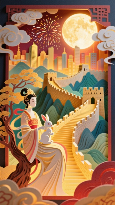 全景构图，近景是嫦娥抱着玉兔的坐在玉桂树上的侧影，中间是蜿蜒雄伟的长城和繁华的城市建筑，背后是圆月和烟花，画面四周祥云环绕，画面整体充满喜庆和华丽，画面呈现喜庆的暖色调预览效果
