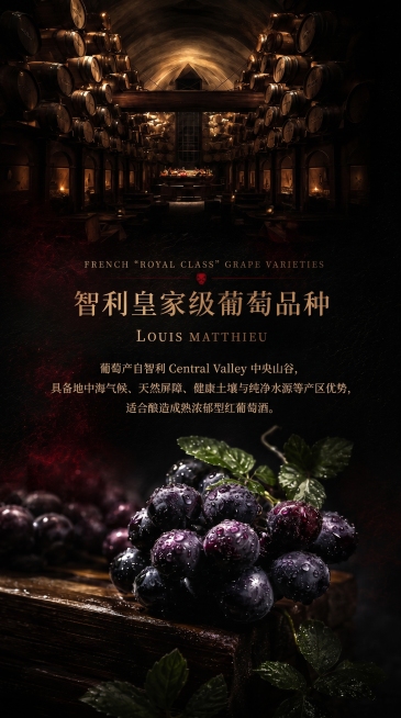 保持原图整体背景、酒窖场景、紫葡萄画面、排版布局完全不变，仅修改文字内容，将主标题「法国“皇家级”葡萄品种」改为「智利皇家级葡萄品种」，下方正文全部替换为「葡萄产自智利 Central Valley预览效果
