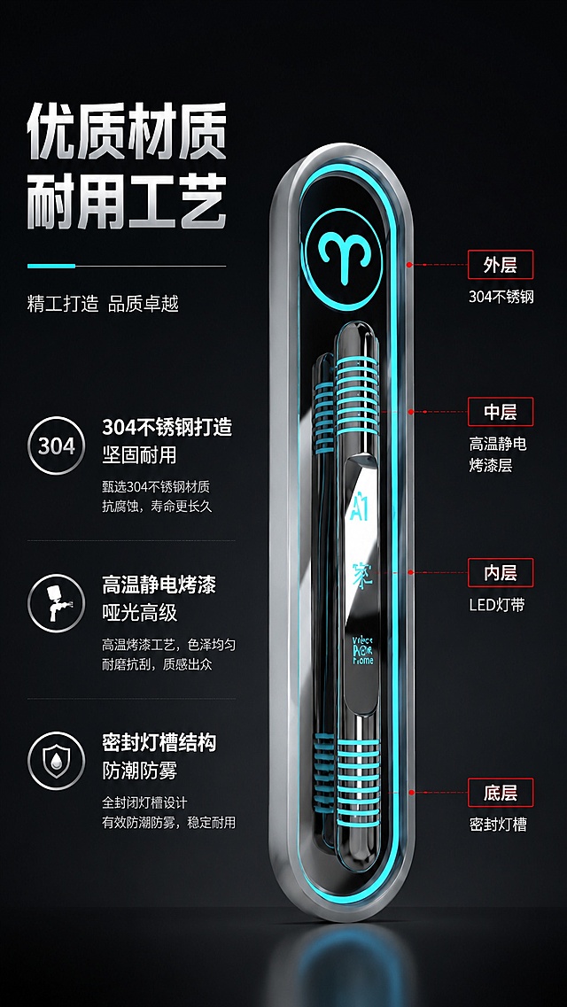 [第4屏] 材质工艺解析页-拆解轻奢发光门牌结构与材质工艺。本屏使用【图1】作为产品主体。
[氛围/风格] 专业工业风，清晰展示材质结构，科技质感。
[元素布局] 产品放置在画面中心，用红色方框标注出核心材质部位，分层标注：外层304不锈钢、高温静电烤漆层、内层LED灯带、密封灯槽；左侧文字区讲解材质优势，右侧产品展示；保持产品整体造型与原图一致。
[光影质感] 中心布光，均匀照亮产品，金属材质反光自然，标注清晰醒目，明暗层次分明。
[配色色系] 全局底色 #1A1A1A；主色不锈钢银灰，辅助色红色标注，文字白色，冰蓝色点缀灯带。
[视角构图] 正面居中视角，产品占比70%，文字区域在左侧，空间布局合理。
[文字版式] 顶部主标题「优质材质 耐用工艺」，左侧分点标注：「304不锈钢打造 坚固耐用」「高温静电烤漆 哑光高级」「密封灯槽结构 防潮防雾」，文字清晰不遮挡产品核心部位。
[比例分辨率] 9:16竖版比例，4K分辨率，文字清晰可辨，高清画质。
[负向提示词] 结构错误，产品变形，文字模糊，标注不清，颜色偏差