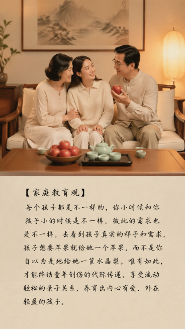 温馨中国风家庭摄影图，场景设定在充满中式韵味的简约客厅内：浅棕色木质中式沙发搭配米白色棉麻抱枕，背景墙挂着淡墨山水挂画，暖黄色落地灯洒下柔和的漫射光晕，实木茶桌上摆放着青瓷茶具与一盘新鲜红苹果。画面主预览效果
