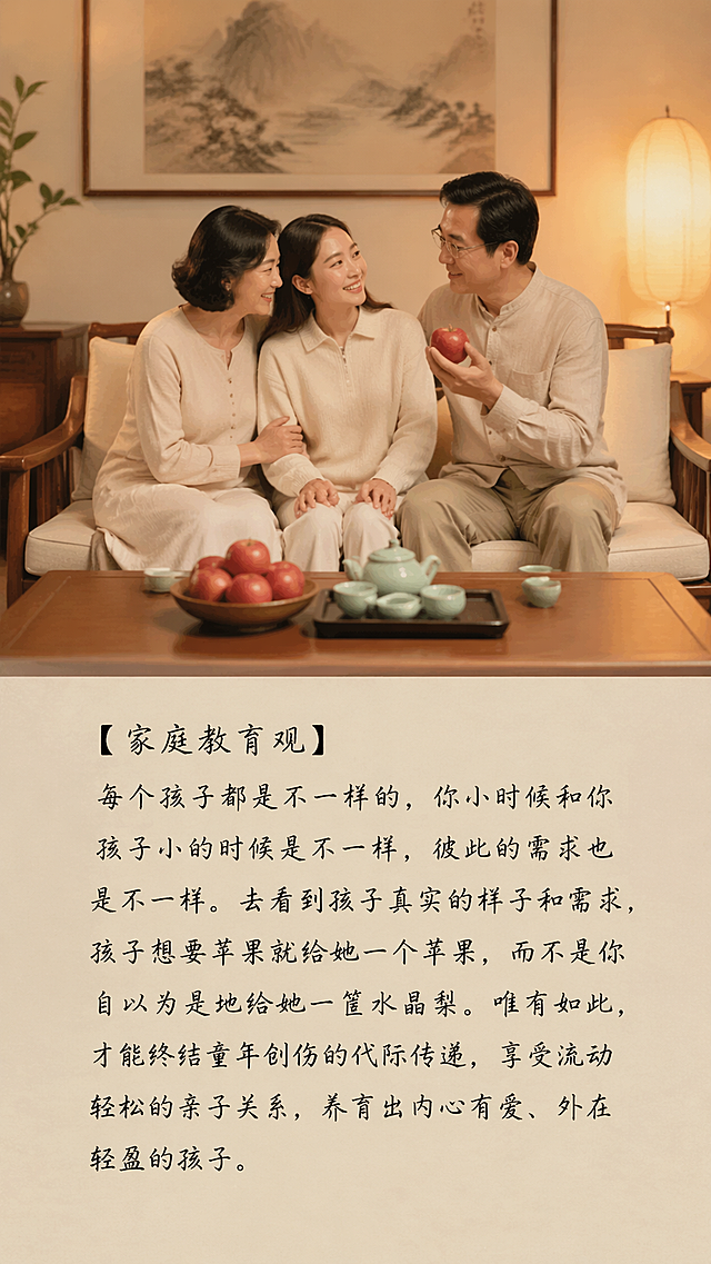 温馨中国风家庭摄影图，场景设定在充满中式韵味的简约客厅内：浅棕色木质中式沙发搭配米白色棉麻抱枕，背景墙挂着淡墨山水挂画，暖黄色落地灯洒下柔和的漫射光晕，实木茶桌上摆放着青瓷茶具与一盘新鲜红苹果。画面主体为一对面带温和笑意的中年中国父母与一个眉眼舒展的中国大学生女孩，女孩坐在母亲和父亲中间，女孩自然地依偎在母亲身侧，父亲手持一枚苹果看向女孩，三人姿态放松亲昵，传递出融洽轻松的亲子氛围。在画面下方区域，用雅致的行书字体清晰呈现书写正确的中文文字："【家庭教育观】每个孩子都是不一样的，你小时候和你孩子小的时候是不一样，彼此的需求也是不一样。去看到孩子真实的样子和需求，孩子想要苹果就给她一个苹果，而不是你自以为是地给她一筐水晶梨。唯有如此，才能终结童年创伤的代际传递，享受流动轻松的亲子关系，养育出内心有爱、外在轻盈的孩子。"使用50mm f/1.8定焦镜头拍摄，影棚级暖调布光，画面质感细腻柔和，整体风格温馨治愈，画面中仅有这三位人物