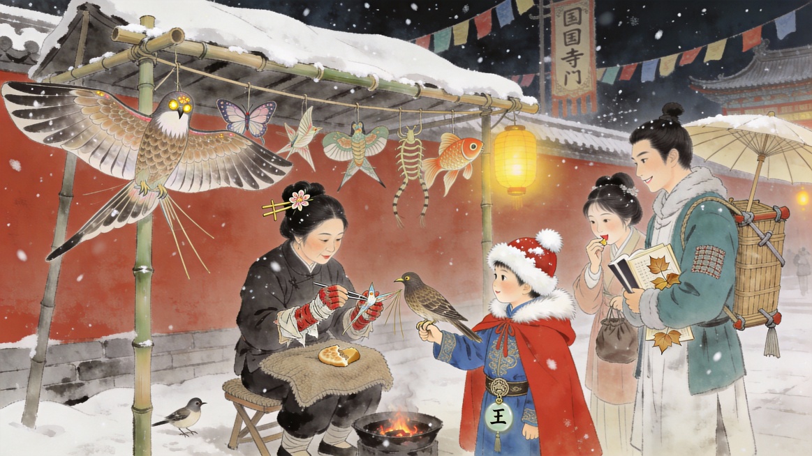 地点：相国寺东门外临时集市

画面构图：中景平视，聚焦竹棚摊位。背景是寺庙红墙与飘舞的经幡。

摊位陈列：
松竹搭的简易棚，棚顶积雪已压弯竹竿。架上悬挂三十余只纸鸢：蝴蝶、蜈蚣、沙燕、金鱼……皆用宣纸预览效果