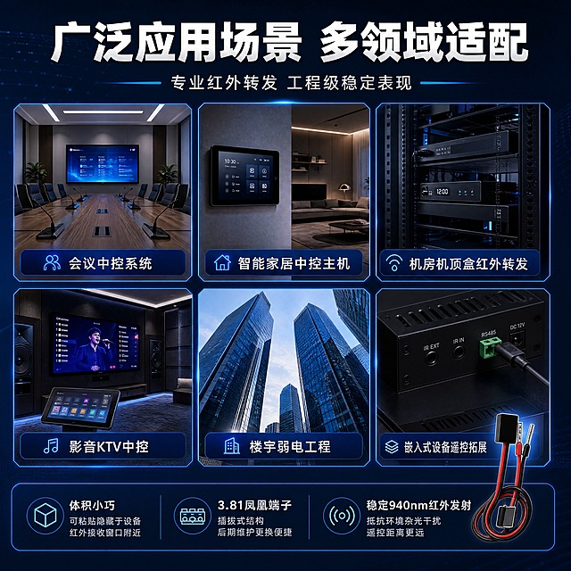 [商品] 本页为应用场景总览，无需产品主图占据主要位置，使用【图1】产品小图作为右下角点缀参照；保留产品外观特征做缩小版场景嵌入。
[画面] 目标为广泛应用场景展示页，场景拼图+人群适配合并版式。画面为2×3六格场景拼图，每格代表一个应用领域，配场景缩略图+领域名称：左上=会议中控系统，中上=智能家居中控主机，右上=机房机顶盒红外转发，左下=影音KTV中控，中下=楼宇弱电工程，右下=嵌入式设备遥控拓展；顶部通栏大标题，底部叠加产品特点说明条；背景为深蓝渐变，每格场景带蓝色边框与光效。
[视觉] 套系策略：风格=黑蓝科技工业风，专业严谨商业摄影；标题字=粗黑无衬线工业字体；正文字=简洁无衬线体；主色=深邃黑+科技蓝；背景延展=深蓝到炭黑渐变、科技网格、蓝色辉光边框；强调色=亮蓝色，仅用于场景边框、图标与高亮标签；标题色=纯白；正文色=浅灰蓝；组件=蓝色边框场景卡片、圆角深蓝说明条、细蓝线分隔；光影=整体冷调平光，场景卡片带微蓝色内发光。
[文字] 顶部主标题"广泛应用场景 多领域适配"，副标题"专业红外转发 工程级稳定表现"；6个场景格各配白色领域名称；底部深蓝说明条写产品特点："体积小巧 可粘贴隐藏于设备红外接收窗口附近｜3.81凤凰端子插拔式结构 后期维护更换便捷｜稳定940nm红外发射 抵抗环境杂光干扰 遥控距离更远"；所有文字横排，场景名称字号醒目。
[规格] 图片比例1:1方版，4K，负向提示：避免变形、错字、文字过小、红色主色调、黑红配色、暖色调、场景模糊不清、竖排文字、连续同构。