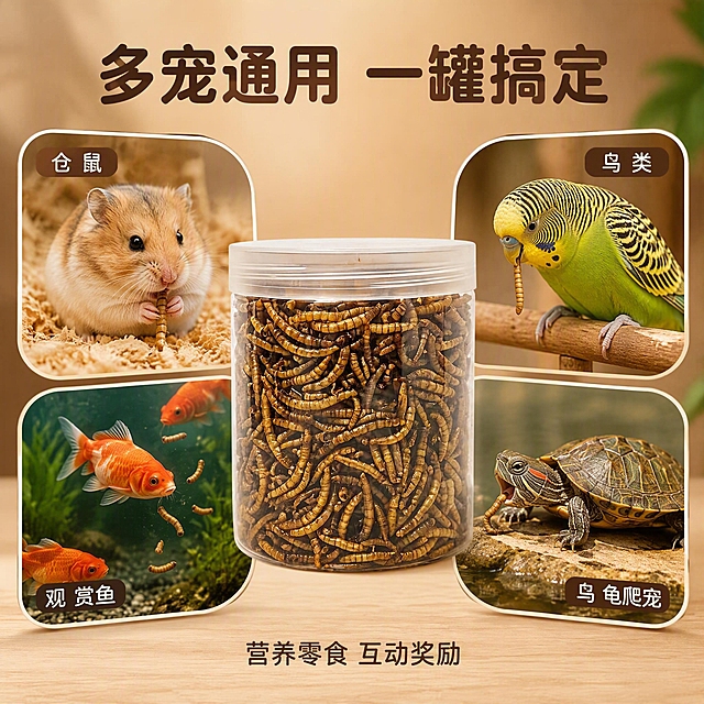 [主图-4] 面包虫干多宠物适用场景图 仓鼠鸟类鱼龟通用。
[氛围风格] 温馨宠物生活风 暖棕自然质感 多场景展示。
[画质] 商业摄影质感 光线柔和 宠物状态自然 产品清晰。
[元素] 画面中央为罐装面包虫干主体 周围环绕四个圆角场景小卡片呈花瓣状分布。左上卡片：仓鼠在木屑笼中啃食虫干 右上卡片：虎皮鹦鹉站在鸟架上啄食 左下卡片：金鱼在水族箱中抢食 右下卡片：小乌龟在晒台上进食。每个场景都有对应宠物和虫干互动的真实状态。背景为暖棕色渐变 底部有柔和木纹纹理。保持罐装面包虫干外观与输入产品图保持绝对一致 杜绝任何变形和色差。中心商品主体占比约45%。
[光影] 中心柔光向外扩散 暖色调 各场景卡片内光线自然统一 整体和谐。
[配色] 主色暖棕色系 辅色米白卡片边框 强调色少量草绿（仅场景小面积点缀） 标题色深棕。
[视角构图] 中心产品环绕式构图 四卡片围绕中心产品 信息丰富不杂乱。
[文字版式] 顶部居中大标题"多宠通用 一罐搞定" 深棕色圆润粗体最大号。四个场景卡片各有宠物名称标签 左上"仓 鼠" 右上"鸟 类" 左下"观 赏鱼" 右下"乌 龟爬宠"。卡片标签为深棕色底白字圆角小标。底部辅助文字"营养零食 互动奖励" 深棕色较小字号。圆润无衬线字体。
[输出要求] 1:1比例 文字清晰锐利 超高清商业摄影质感。
[负向提示词] 变形 文字错乱 产品图模糊 背景杂乱 水印 电商平台Logo 多余的手 畸形手 人物面部扭曲。