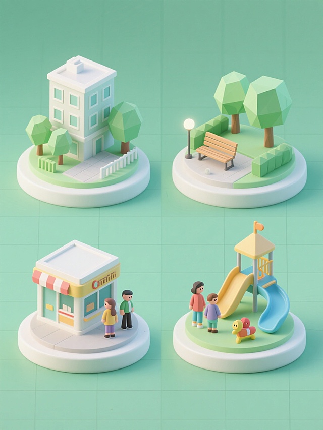4个完全不同造型的社区元素3D立体图标集合，保持低多边形Q版风格，统一使用浅绿色与白色为主色调，柔和顶部光源，轻微阴影，每个图标包含独特社区元素：1. 居民楼与树木组合，2. 社区公园与长椅，3. 便利店与行人，4. 儿童游乐设施与家长，纯色背景，规整网格排布，每个图标独立圆形基座，整体设计简洁明快，适合社区宣传素材。