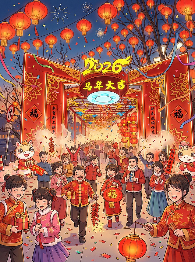 转换为动漫风格，添加大量热闹的人群，强化新春喜庆氛围，增加更多红灯笼、新春装饰