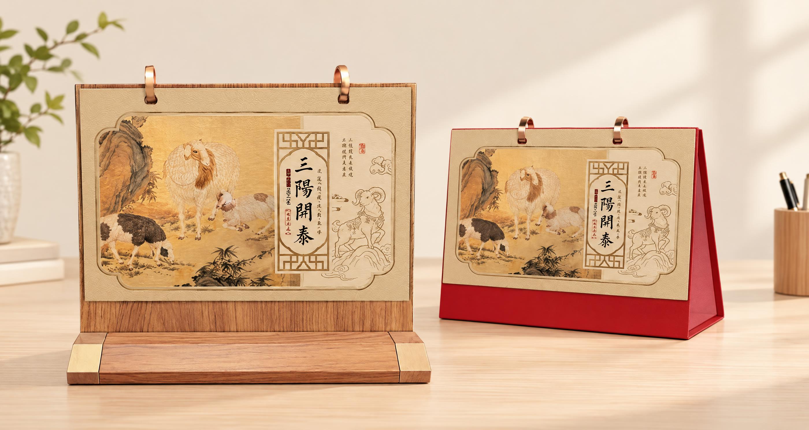 去除原图所有背景和文字标注，仅保留三阳开泰A、B两款台历实物，… - 图片创意预览