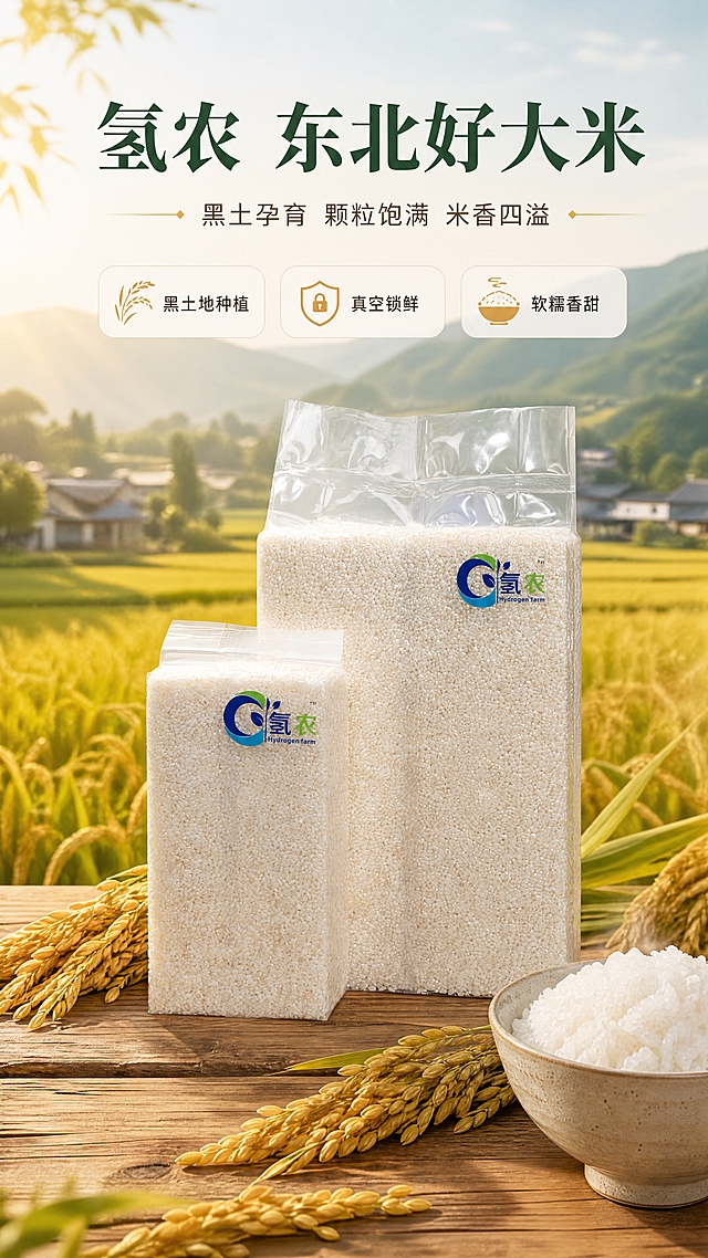 [商品] 使用【图1】氢农品牌真空包装大米（大小两袋方砖包装）；保留透明真空袋、白色米粒、蓝绿圆形Logo、"氢农 Hydrogen farm"文字、方砖形状与真实比例；商品处理：去除背景杂物，保留包装质感与米粒通透感，Logo清晰可见。
[画面] 目标：食欲氛围头图，突出东北大米产地感与产品全貌。构图：上文下图，顶部标题区，中部产品主体占画面65%，两袋大米置于木质台面，前景散落金黄稻穗与一碗白米饭，背景为虚化的东北稻田、远山与村落，阳光洒下形成暖金色光晕；阅读动线从上至下，前中后景层次分明，≥3层环境元素。
[视觉] 套系策略：风格=清新自然田园商业摄影风；标题字=宋体加粗带衬线，有国风质感；正文字=简洁无衬线体；主色=稻田绿+米白；背景延展=基于绿色做深浅层级、稻田渐变与自然光影；强调色=金黄稻穗色，仅用于小面积图标、引线和标签；标题色=深墨绿；正文色=深棕灰；组件=圆角浅底信息卡、稻穗图标、细线引线；光影=左前侧暖自然光，柔和通透。
[文字] 顶部居中主标题"氢农 东北好大米"，副标题"黑土孕育 颗粒饱满 米香四溢"；下方3个短卖点图标横排："黑土地种植""真空锁鲜""软糯香甜"；文字不遮挡产品主体与Logo，全部横排，手机端清晰可读。
[规格] 比例9:16竖版，4K，medium；避免变形、错字、文字过小、冷蓝灰背景、包装文字错乱、Logo模糊、绝对化用语。