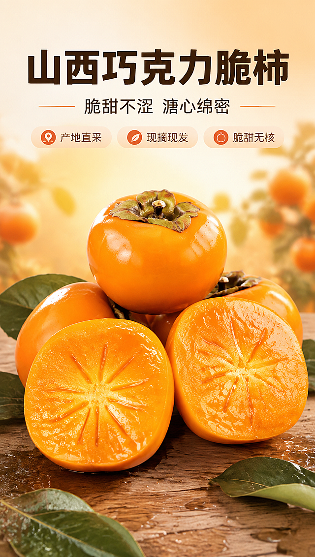 [商品] 使用【图1】山西巧克力脆柿；保留橙黄色圆润果形、绿色柿蒂、星形果肉纹理、切开后溏心质感和叶片；增强果皮光泽与果肉水润感，不改变果实结构和颜色。
[画面] 目标：食欲氛围头图，突出巧克力脆柿整体与切开果肉的脆甜溏心印象。构图：上文下图，顶部留白放标题，下方主体为完整脆柿堆叠+切开对半剖面，产品占画面70%。前景：散落的柿叶与水珠；中景：3颗完整脆柿+2块对半切开的果肉，呈三角堆叠；后景：浅暖橙色渐变虚化背景，隐约有果园光斑。阅读动线：从上至下，先看标题再看产品。
[视觉] 套系策略：风格=生鲜农特商业摄影，真实自然光感；标题字=粗黑体，厚重有力；正文字=常规黑体，清晰易读；主色=暖橙柿色；背景延展=基于暖橙做深浅渐变、同色系柔光晕染和细腻纸质/果实质感；强调色=深柿红，仅用于小面积图标、引线和标签底纹；标题色=深棕褐；正文色=中暖灰；组件=圆角浅橙信息卡、细线引线、小图标；光影=左前侧暖自然光，果实表面有柔和高光和自然阴影。
[文字] 顶部居中主标题「山西巧克力脆柿」，副标题「脆甜不涩 溏心绵密」，下方配3个短卖点图标：①产地直采 ②现摘现发 ③脆甜无核。文字区位于画面上方1/3，不遮挡果实主体；所有文字横向排版，移动端清晰可读。
[规格] 图片比例9:16竖版，4K分辨率，京东平台适配，避免变形、错字、文字过小、冷蓝背景、果实颜色改变、结构失真、极限词。