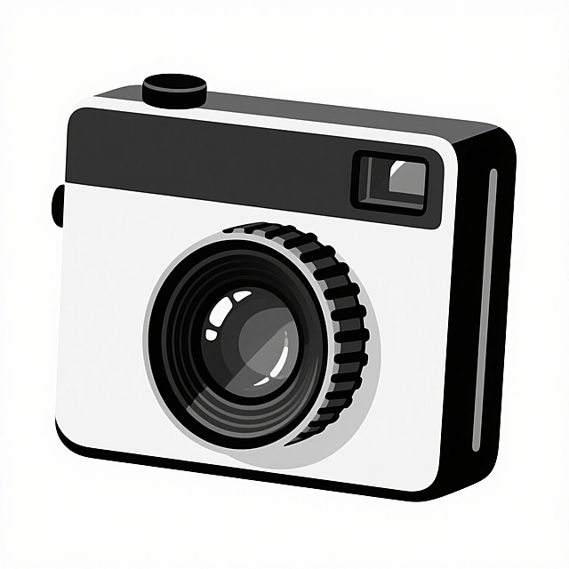 一个复古拍立得相机的插画，相机主体为黑白配色，机身呈方形，正面有一个大尺寸的圆形镜头，镜头边缘有黑色的齿轮状调节环，镜头玻璃呈现出光滑的反光质感，相机顶部有一个黑色的圆形快门按钮，机身正面上方有一个长方形的取景窗，整体造型简洁复古，采用平面插画风格，线条清晰流畅，色彩对比鲜明，白色背景，画面干净整洁，具有现代设计感。