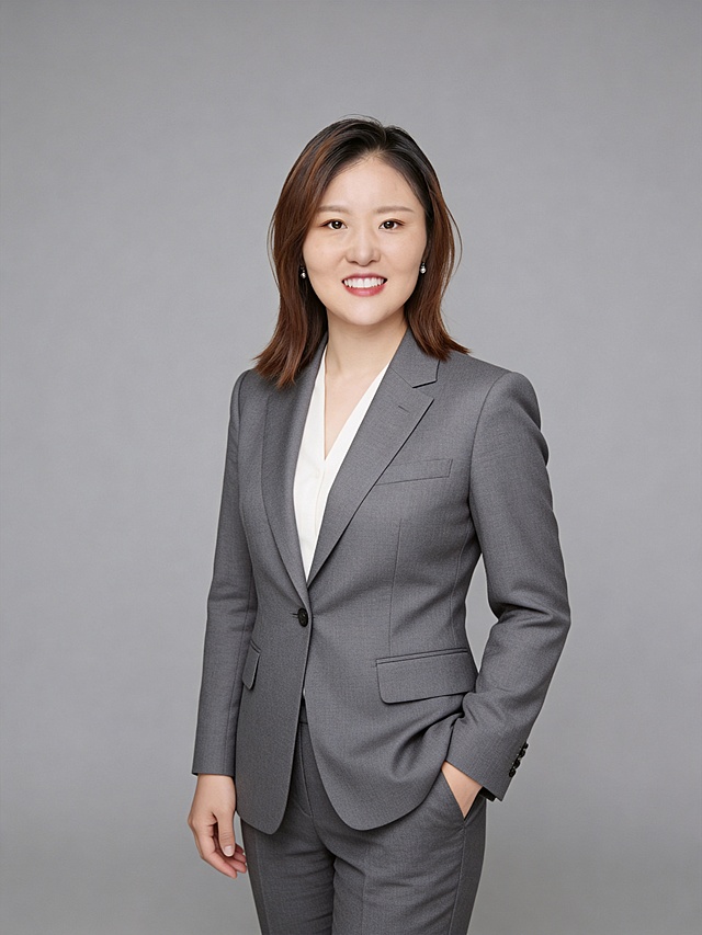 基于参考图片修改，保留人物脸型和发型，生成商务西装全身形象照，灰色纯色背景，保留配饰，站姿，左手插兜，专业高清质感