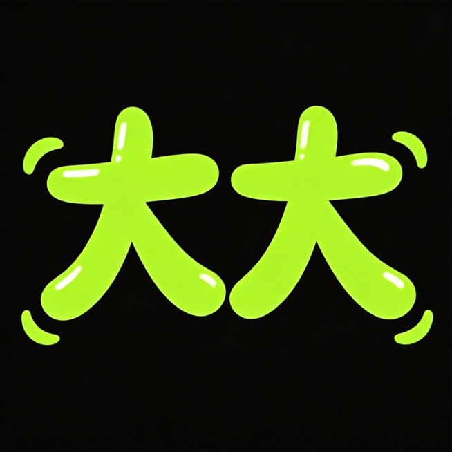 纯黑色背景，平面艺术字体设计，主体文字为“大大”，两个字。参考图风格：极粗圆润手写体，笔画末端全部圆润收束，使用大弧度曲线，笔画带有高光光泽，亮黄绿色填充，整体风格活泼俏皮，两个字紧密横向排列，整体完预览效果