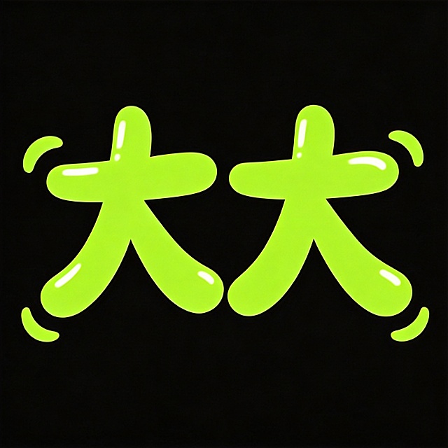 纯黑色背景，平面艺术字体设计，主体文字为“大大”，两个字。参考图风格：极粗圆润手写体，笔画末端全部圆润收束，使用大弧度曲线，笔画带有高光光泽，亮黄绿色填充，整体风格活泼俏皮，两个字紧密横向排列，整体完整呈现不裁切。仅包含两个字：大大，不得增加、遗漏或替换任何一个字。文字整体必须完整呈现在画面内不可被裁切，四周留有安全边距。