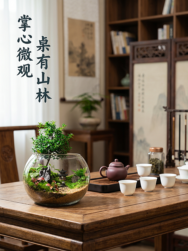 [主图 4] 多场景展示图，展示产品适用于桌面茶空间办公场景。
[氛围风格] 中国风雅致生活场景，真实自然，高端氛围感。
[画质] 商业摄影质感，光线自然柔和，画面清晰高级，真实质感。
[元素] 微观造景缸放置在中式茶桌一角，旁边搭配中式茶具，整体营造东方雅致生活氛围。保持鱼缸和造景外观结构与参考图一致，杜绝变形色差。产品占据画面核心位置，场景自然融入，不抢主体。
[光影] 室内柔和自然光，明暗层次自然，氛围感温暖雅致，凸显产品精致质感。
[配色] 整体木质暖调搭配浅黛色环境，绿植翠绿点缀，和谐统一，东方意境浓郁。
[视角构图] 平视生活场景抓拍视角，景深自然，主体突出。
[文字版式] 左上角标题竖排 “掌心微观 桌有山林”，深黛色书法字体，简洁雅致，不遮挡产品主体。
[比例分辨率] 3:4比例，2k分辨率，文字清晰，超高清。
[负向提示词] 变形，水印，文字错乱，产品模糊，背景杂乱，遮挡主体。