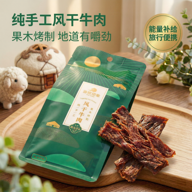 去掉产品后方的杯子，保留蒙古包摆件、小羊玩偶和绿植装饰，增强产品包装的立体质感，修改文字内容为左上角标题"纯手工风干牛肉"，副标题"果木烤制 地道有嚼劲"，右上角金色圆形标签保留"能量补给 旅行便携"预览效果