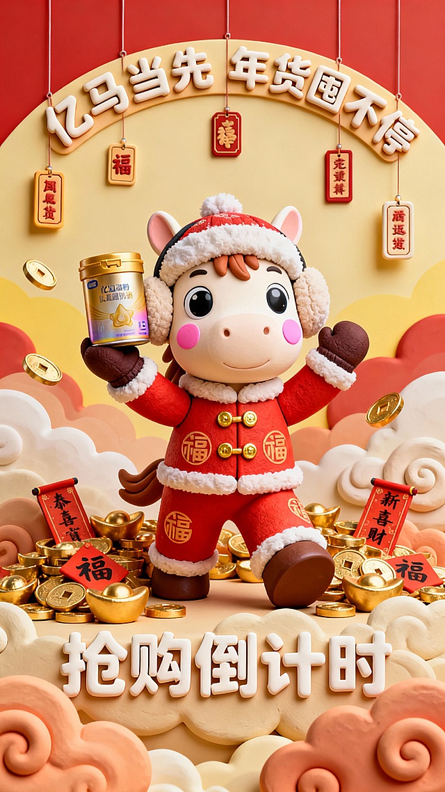 软3D粘土风卡通小马，身着红色唐装，手持年货罐，环绕金元宝与福字，喜庆拟人化设计，春节氛围浓厚，抢购倒计时主题突出。
