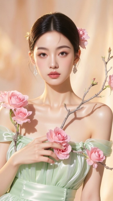 将图片中的灰色背景替换为柔和的暖色调背景，保留人物和花枝的细节和构图预览效果