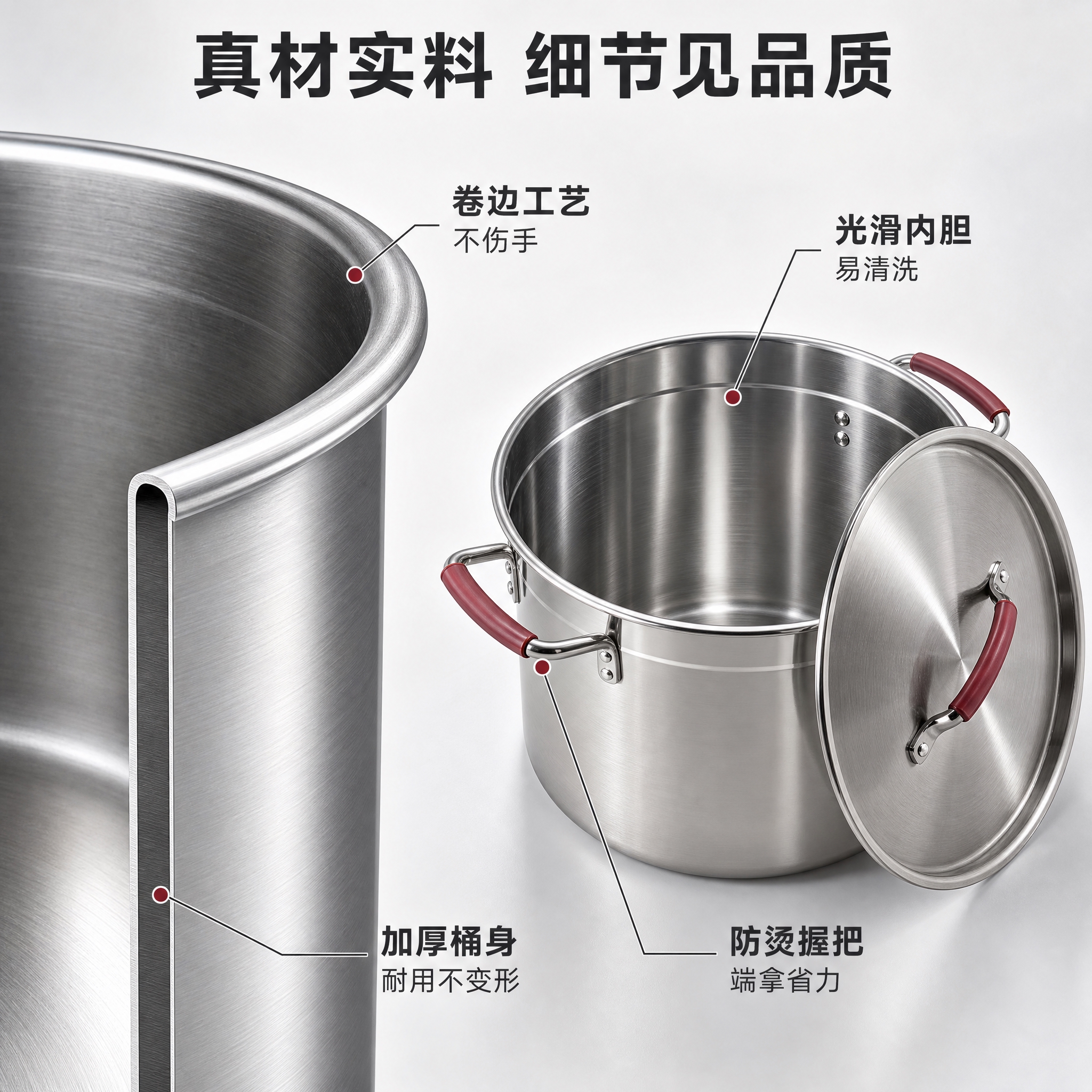 [详情图-2] 不锈钢汤桶材质细节与结构展示图，突出加厚不锈钢… - 图片创意预览