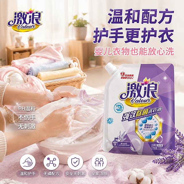 [主图-9] 激浪洗衣液温和护手婴儿衣物可用安全卖点图
[氛围风格] 温馨柔和 安全安心 母婴友好 温暖家居感
[画质] 商业生活摄影质感 柔和温暖 细节细腻 产品真实立体
[元素] 画面右侧放置激浪洗衣液袋装产品 占画面约40%。左侧是温馨的母婴场景 一双温柔的女性双手正在轻柔地搓洗一件婴儿连体衣 手上有细腻的泡沫 皮肤白皙嫩滑 表现温和不伤手。旁边木盆里叠放着几件婴儿衣物 有小袜子 小帽子 围嘴等 都是柔和的马卡龙色系 粉 蓝 黄。背景是温暖的婴儿房一角 浅色木质家具 柔和的纱帘 几盆绿色小植物 整体氛围温馨安全。前景有几朵柔软的棉花和薰衣草 象征温和自然。保持产品外观与输入产品图绝对一致 杜绝变形色差 精细化处理。
[光影] 柔和暖光从左上方来 色温偏暖黄 整体光线柔和不刺眼 手部皮肤质感细腻 衣物柔软有质感 产品受光均匀 氛围温馨安心
[配色] 主色调暖白 柔粉 淡蓝 薰衣草紫 辅色木色暖调 温馨柔和
[视角构图] 略微俯视角度 手部和婴儿衣物在左前景 产品在右后景 层次分明 景深中等 画面满版无边框
[文字版式] 右上负空间右对齐 主标题"温和配方 护手更护衣" 紫色粗体大号 下方副标题"婴儿衣物也能放心洗" 粉色中号。左侧手部旁边配文"PH温和 不伤手 无刺激" 白色字配半透明底。底部四个小图标横向排列"温和护手 无磷配方 安全无刺激 全家适用" 图标在上文字在下 居中。左上角保留品牌Logo
[输出要求] 1:1比例 文字清晰可辨 超高清商业摄影质感
[负向提示词] 变形 文字错乱 产品模糊 背景杂乱 水印 电商平台Logo 医疗暗示