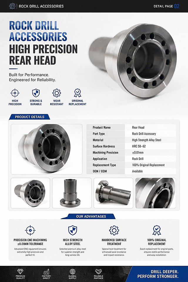 Create the second detail page for rock drill accessories, keep the original product, use English layout, add appropriate icons, focus on product detail display, show advantages: Precision CNC Machining ±0.01mm Tolerance, High Strength Alloy Steel, Hardened Surface Treatment, 100% Original Replacement, professional industrial foreign trade style