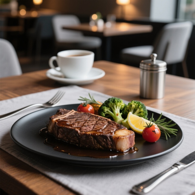 超写实风格摄影，特写精致摆盘的香煎菲力牛排，牛排表面呈诱人焦糖色，纹理清晰，淋有光泽感十足的酱汁，熟度为五分熟，鲜嫩多汁。牛排旁点缀着翠绿的西兰花、烤至半熟的小番茄、一片金黄柠檬和新鲜迷迭香。背景为现代简约的西餐厅环境，木质餐桌上铺着浅灰色餐布，摆放着黑色哑光餐盘、银色刀叉、白色骨瓷咖啡杯和金属质感的调味品罐，远处柔和灯光营造出温暖舒适的用餐氛围，整体色调以深棕、灰白、暖黄为主，光影层次丰富，……预览效果