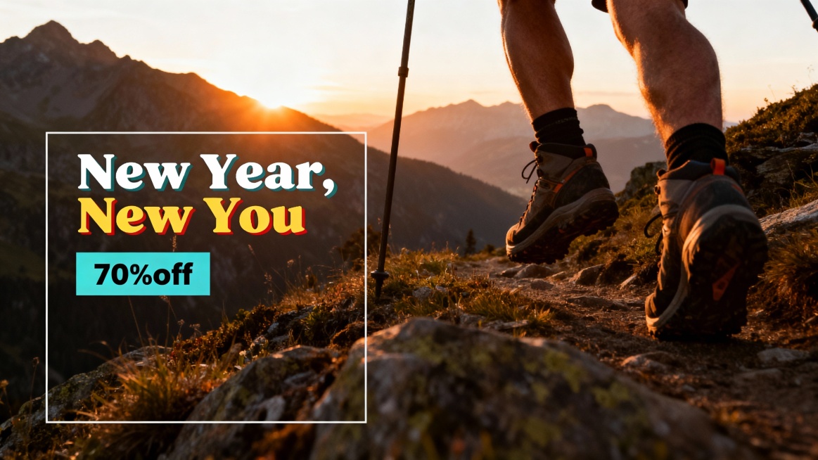 帮我生成一张户外背景徒步的人们，山脉夕阳，图片左边内容是New Year, New You ，折扣为70%off，文案什么要有点设计和颜色，文案占左边小部分，为3/2。一个男子在山上徒步，镜头聚焦于男预览效果