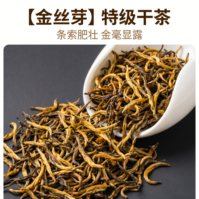 [主图 2] 英德红茶干茶叶细节特写主图
[氛围风格] 自然原生态，突出茶叶新鲜品质
[画质] 商业摄影质感、微距特写清晰、光线通透、纹理细节丰富
[元素] 金黄黑相间的英德红茶干茶铺满画面大部分区域预览效果