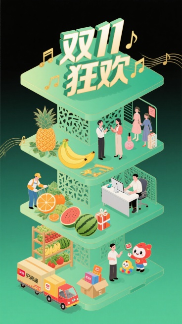 绿色剪纸风立体分层场景，顶部立体艺术字“双 11 狂欢”搭配音符装饰，四层镂空平台：第一层果园蔬菜架劳作工人，第二层菠萝橙子香蕉西瓜水果，第三层直播带货主播与工作人员互动（旁侧服饰美妆产品），第四层办预览效果