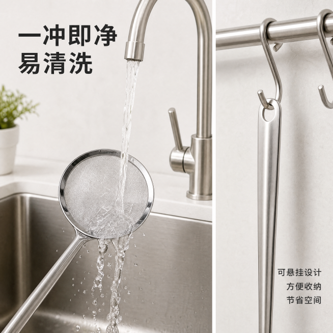 [主图-5] 不锈钢过滤勺易清洗可悬挂设计展示
[氛围风格] 干净整洁，突出使用便利性
[画质] 商业摄影质感，清晰通透
[元素] 保持过滤勺外观材质与原图一致，杜绝变形色差。展示过滤勺在水龙头下直接预览效果