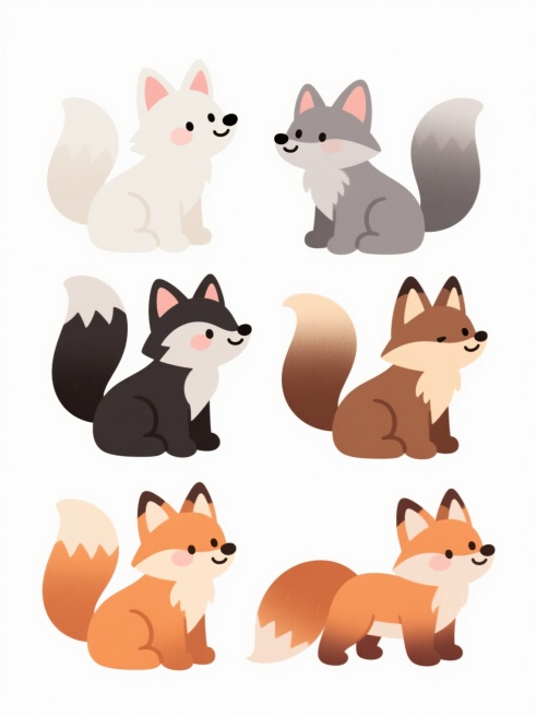 6只不同样式、不同种类、不同外观的卡通狐狸，每只狐狸具有独特的毛色（如白色、灰色、黑色、棕色渐变等）、姿态（坐姿、站姿、侧躺、抬头、低头等）和细节特征（如不同形状的耳朵、尾巴卷曲方式、面部表情），保持统一的可爱卡通风格，圆润柔和的线条，明亮饱和的色彩，渐变过渡的毛色质感，白色纯净背景，6只狐狸排列整齐呈两行三列布局，每只狐狸间距均匀，整体构图平衡对称，适合儿童的友好可爱视觉风格预览效果