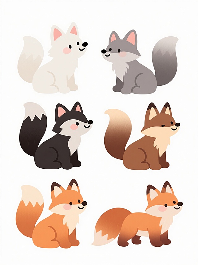 6只不同样式、不同种类、不同外观的卡通狐狸，每只狐狸具有独特的毛色（如白色、灰色、黑色、棕色渐变等）、姿态（坐姿、站姿、侧躺、抬头、低头等）和细节特征（如不同形状的耳朵、尾巴卷曲方式、面部表情），保持统一的可爱卡通风格，圆润柔和的线条，明亮饱和的色彩，渐变过渡的毛色质感，白色纯净背景，6只狐狸排列整齐呈两行三列布局，每只狐狸间距均匀，整体构图平衡对称，适合儿童的友好可爱视觉风格