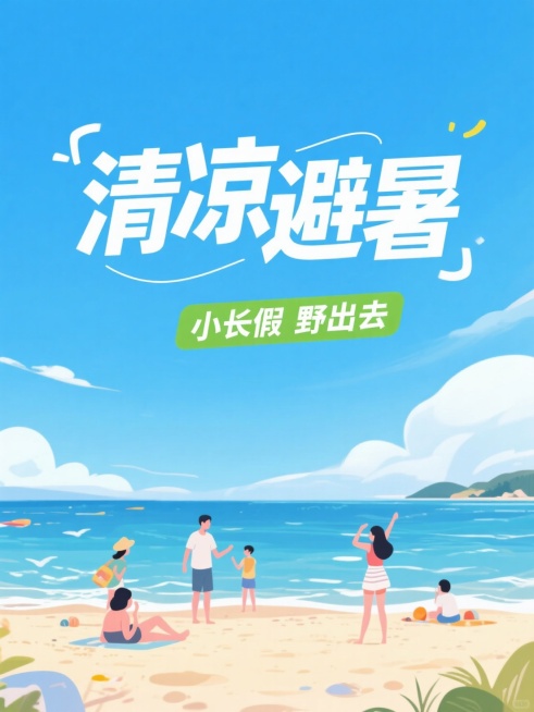 扁平，大海边，丰富的画面细节，游玩的人。用潮流的字设计大标题“清凉避署”，副标题“小长假 野出去“预览效果