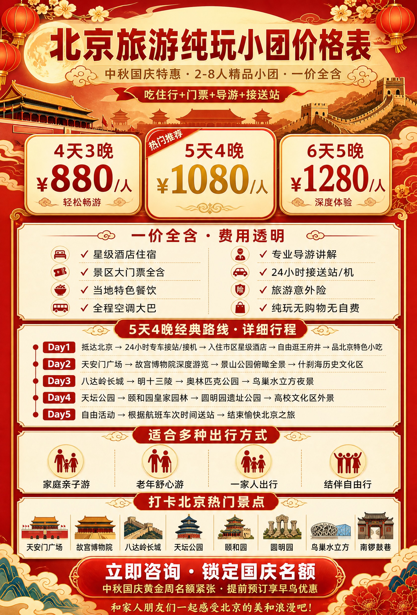 北京旅游纯玩小团价格表海报，竖版长图，国潮红金北京风格。背景为… - 图片创意预览