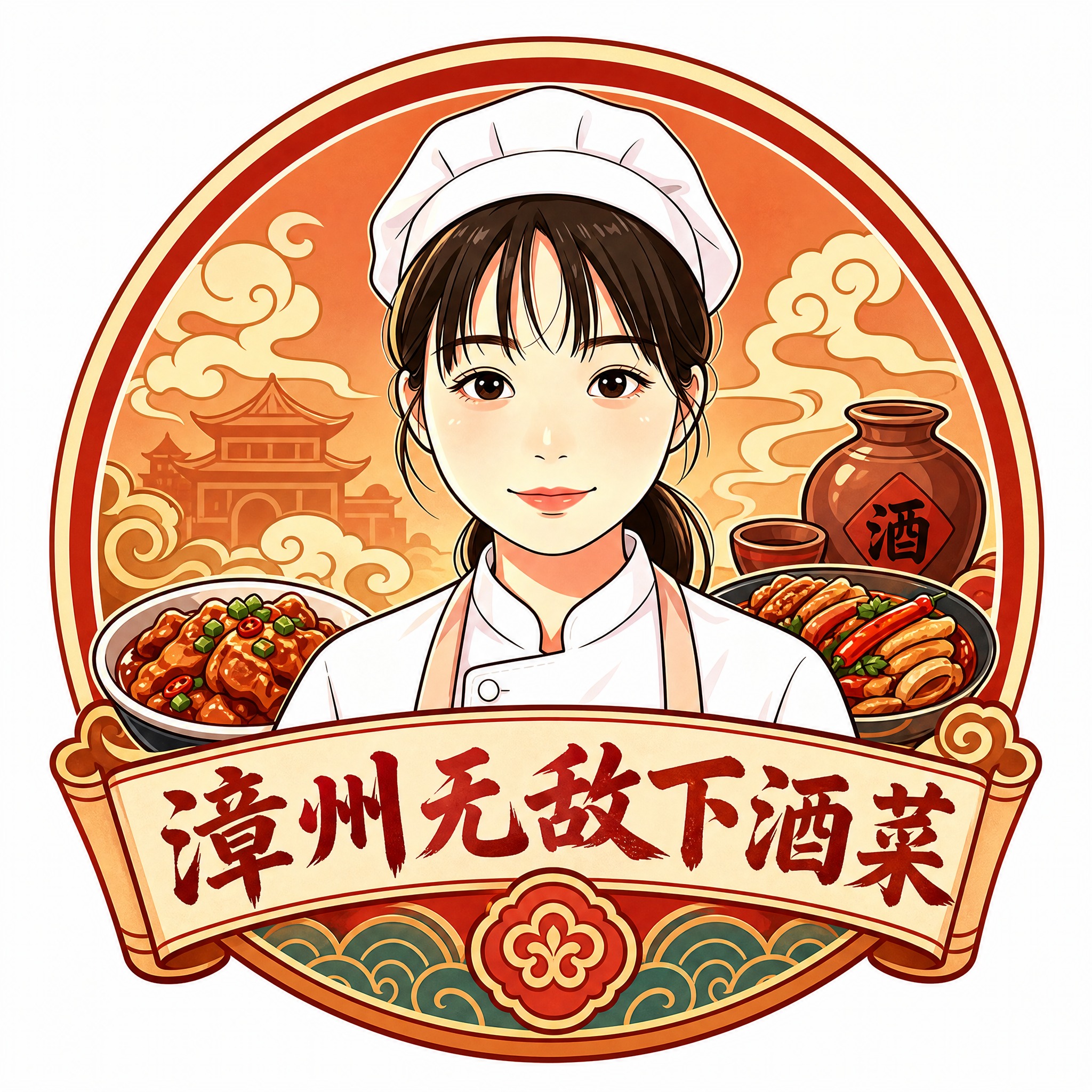 基于参考图中的女厨师形象，设计一个圆形餐饮LOGO。圆形徽章风… - 图片创意预览