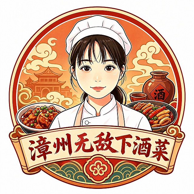 基于参考图中的女厨师形象，设计一个圆形餐饮LOGO。圆形徽章风格，内部保留女厨师头像的卡通形象，下方加入文字"漳州无敌下酒菜"，整体风格统一为暖色调国潮插画风格，线条清晰，适合作为餐饮品牌标识，背景简洁突出LOGO主体