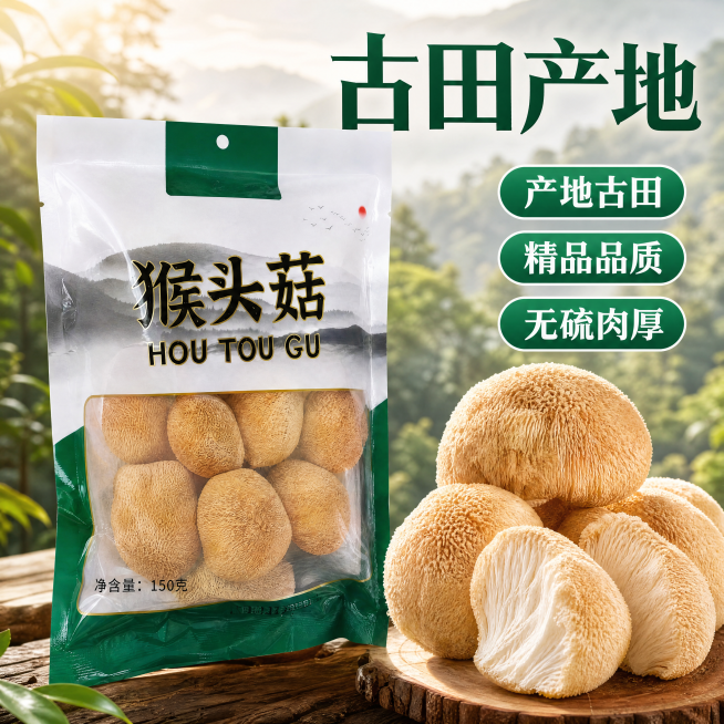 [主图-2] 猴头菇核心卖点溯源主图，展示产地与品质优势
[氛围风格] 自然产地氛围，真实可信品质感，大方简洁
[画质] 商业摄影质感、光线柔和通透、产品清晰真实、画面干净高级
[元素] 左侧是袋装猴预览效果