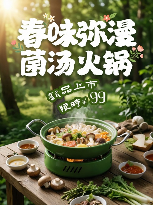 将图1的绿色菌汤火锅、图2的白色“春味弥漫 菌汤火锅”标题、图3的绿色“新品上市 限时¥99”文字、图4的户外木桌食材背景重新创意排版组合，生成更具设计感的3:4比例美食海报，风格清新自然，强化春日暖预览效果