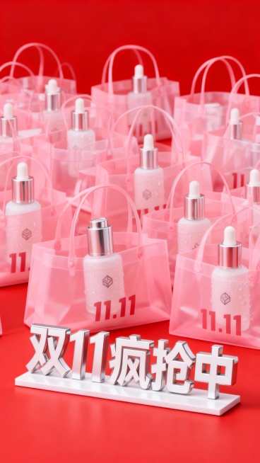 大量粉色半透明购物袋密集排列，每个购物袋内都放着重复相同的主体，每个袋子上印有醒目的 “11.11”，侧视，背景为红色，热烈的促销氛围，下方为白色金属质感大字立牌 “双 11 疯抢中”。预览效果