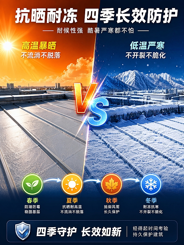 [第4张] 详情页精致卖点2-抗晒耐冻耐候性测试。本张不展示包装，以环境测试对比为主。
[氛围/风格] 专业实验测试风，左右对比构图，强烈视觉反差，工业质感。
[元素布局] 画面左右分栏对比：左侧为「暴晒场景」——烈日下的屋面涂层，阳光强烈，涂层完好无损；右侧为「低温场景」——冰雪覆盖的屋顶，涂层依然完整不开裂；中间有VS分隔符号；底部有时间轴示意四季循环。
[光影质感] 左侧强光高对比，右侧冷光清冷感，两侧光影形成鲜明对比。
[配色色系] 全局底色左右分区，左暖橙渐变 #F97316→右冷蓝渐变 #1E40AF；主色深蓝+橙红；辅助色白色、黄色。
[视角构图] 左右对称对比构图，中间VS分隔，阅读动线左→中→右。
[文字版式] 顶部主标题「抗晒耐冻 四季长效防护」，白色粗黑体；副标题「耐候性强 酷暑严寒都不怕」；左侧上方标注「高温暴晒 不流淌不脱落」，橙黄色字；右侧上方标注「低温严寒 不开裂不脆化」，浅蓝色字；底部4个季节图标循环：春→夏→秋→冬；文字清晰可读。
[比例分辨率] 3:4 竖版比例，4K分辨率，文字清晰可辨，高清画质。
[负向提示词] 变形，水印，文字错乱，文字过小，颜色偏差，背景杂乱，对比不明显。