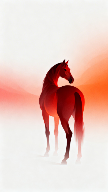 流线体形态的抽象马轮廓，参考图中马的表现形式，主体为伫立回望的骏马，头部转向后方呈回望姿态，弥散红橙渐变背景，大面积留白，极简主义构图，细腻光影过渡，高清质感，氛围沉静深远，意识流表现手法。抽象美学融预览效果